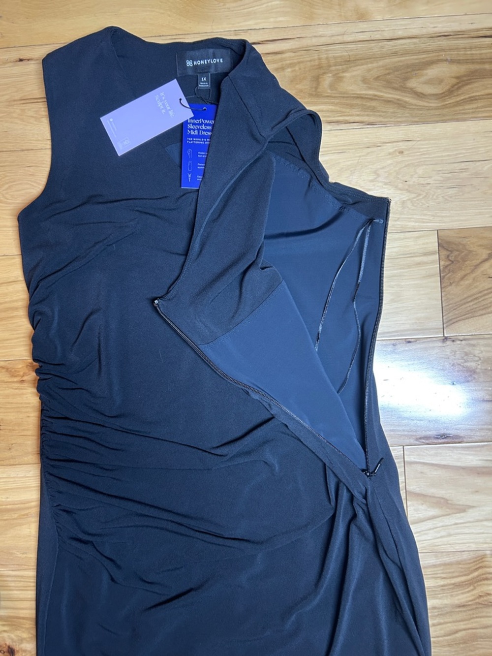 NWT HoneyLove Black Rushed Inner Power Midi Dress w/Hidden Shapewear | Size 1X - Picture 7 of 8